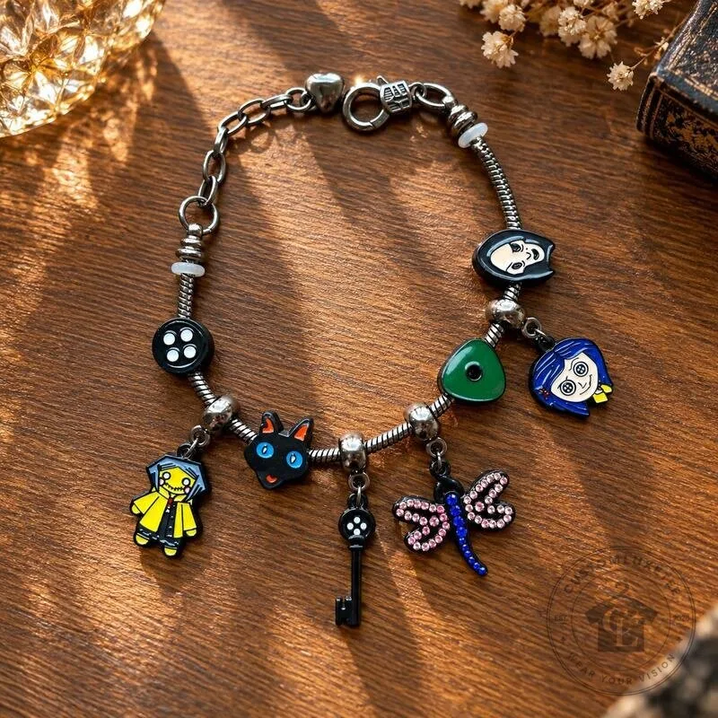 Coraline Movie Inspired Button Key Dragonfly Charm Bracelet