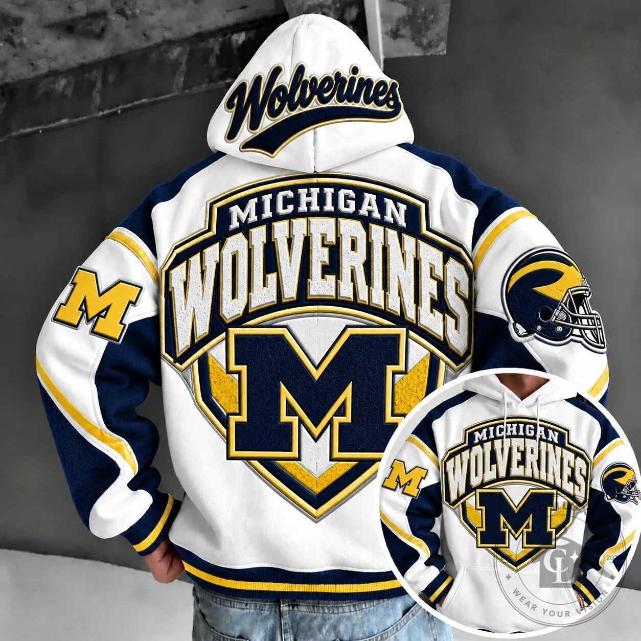 Michigan Wolverines NCAA Football Team Logo White and Blue Hoodie