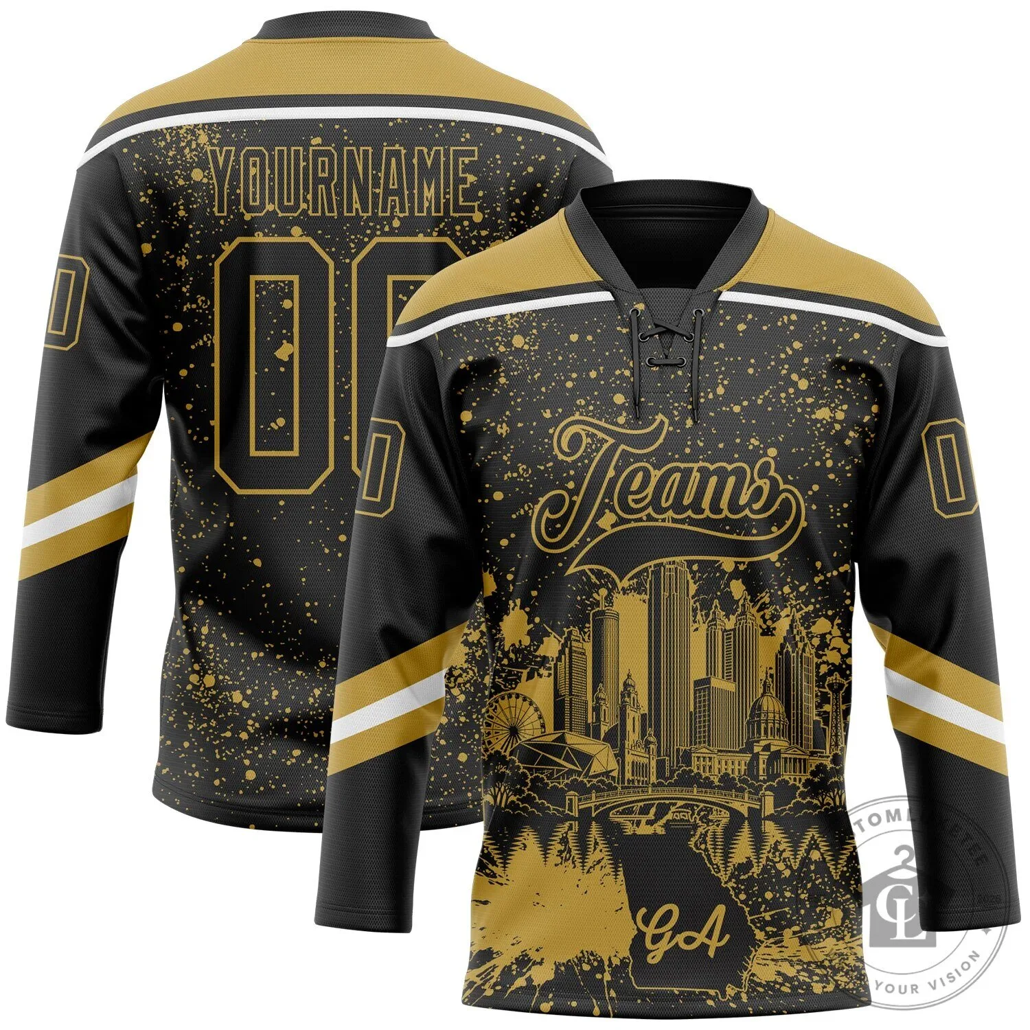 Atlanta Georgia City Skyline Paint Splatter Custom Black Gold White Hockey Jersey