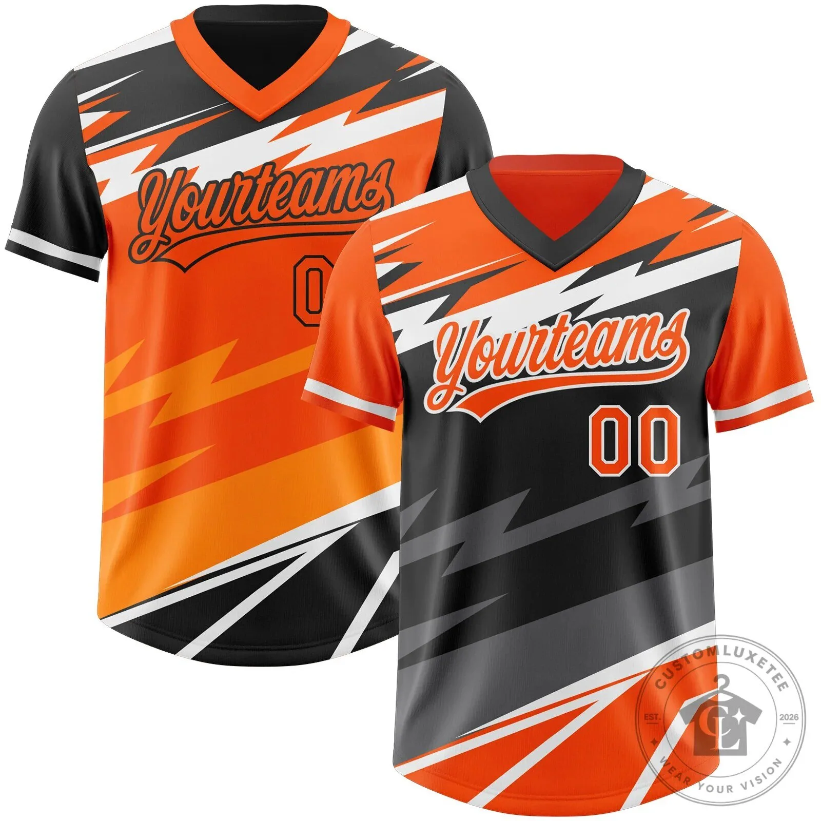 Custom Orange Black Lightning Geometric Zigzag Reversible Pullover Baseball Jersey