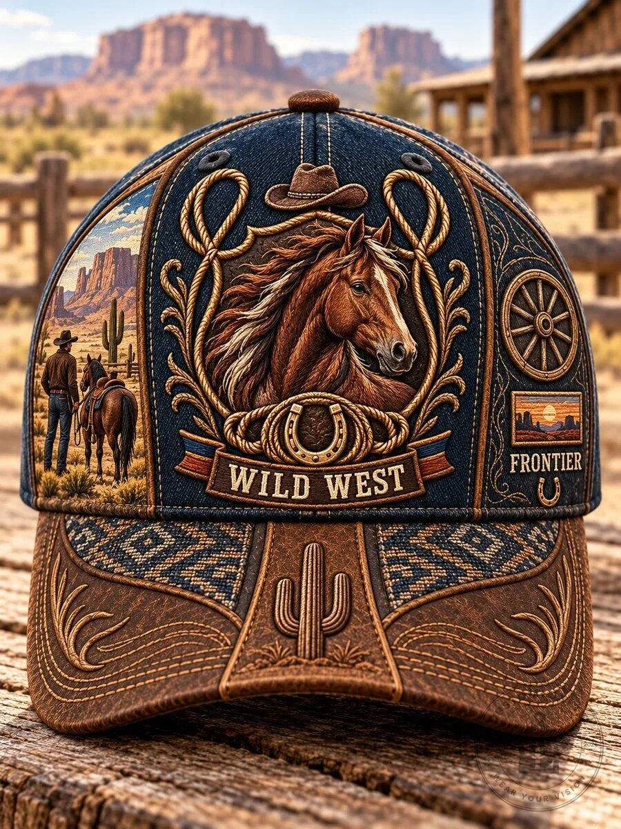 Wild West Frontier Horse and Cowboy Landscape Denim Cap Hat