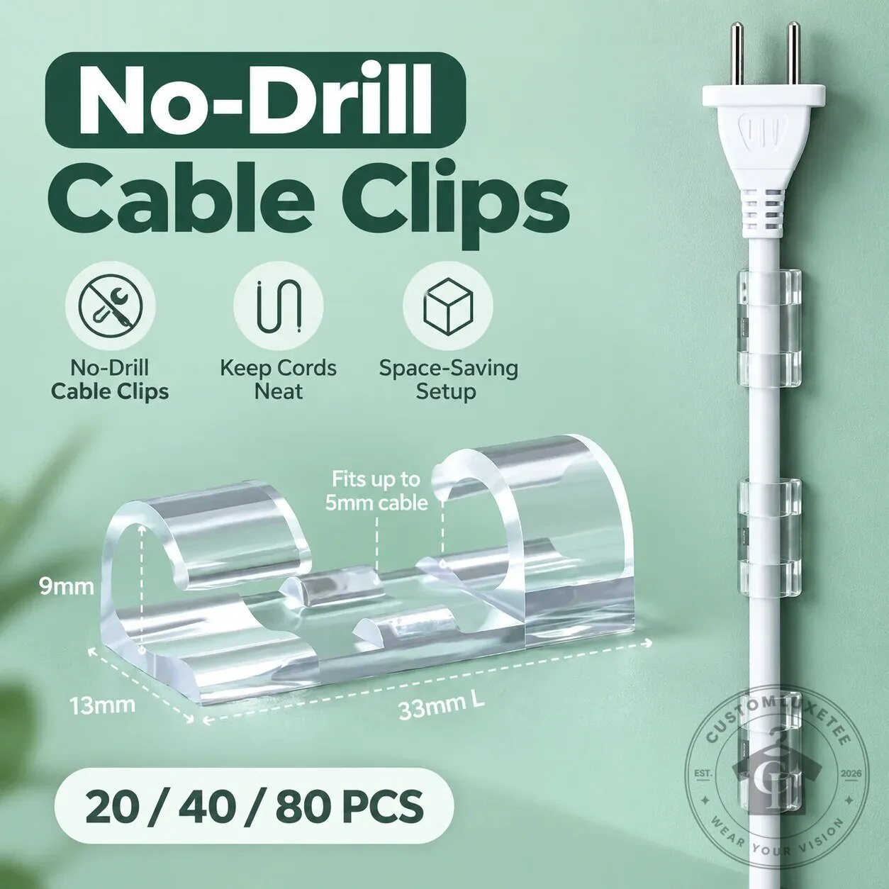 No-Drill Adhesive Cable Management Clips Cord Organizer
