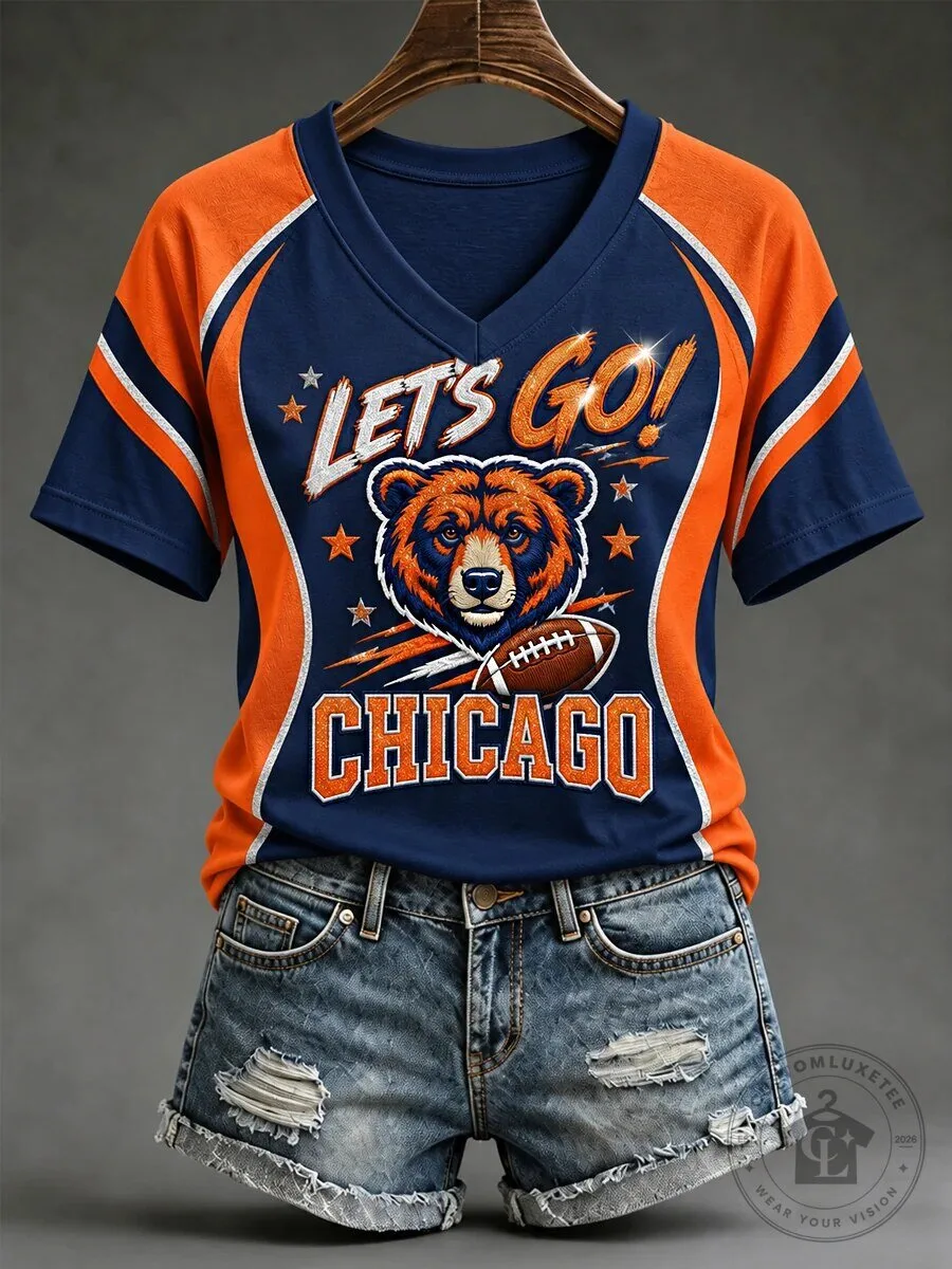 Chicago Bears Football Team Mascot Graphic V-Neck Short Sleeve T-Shirt