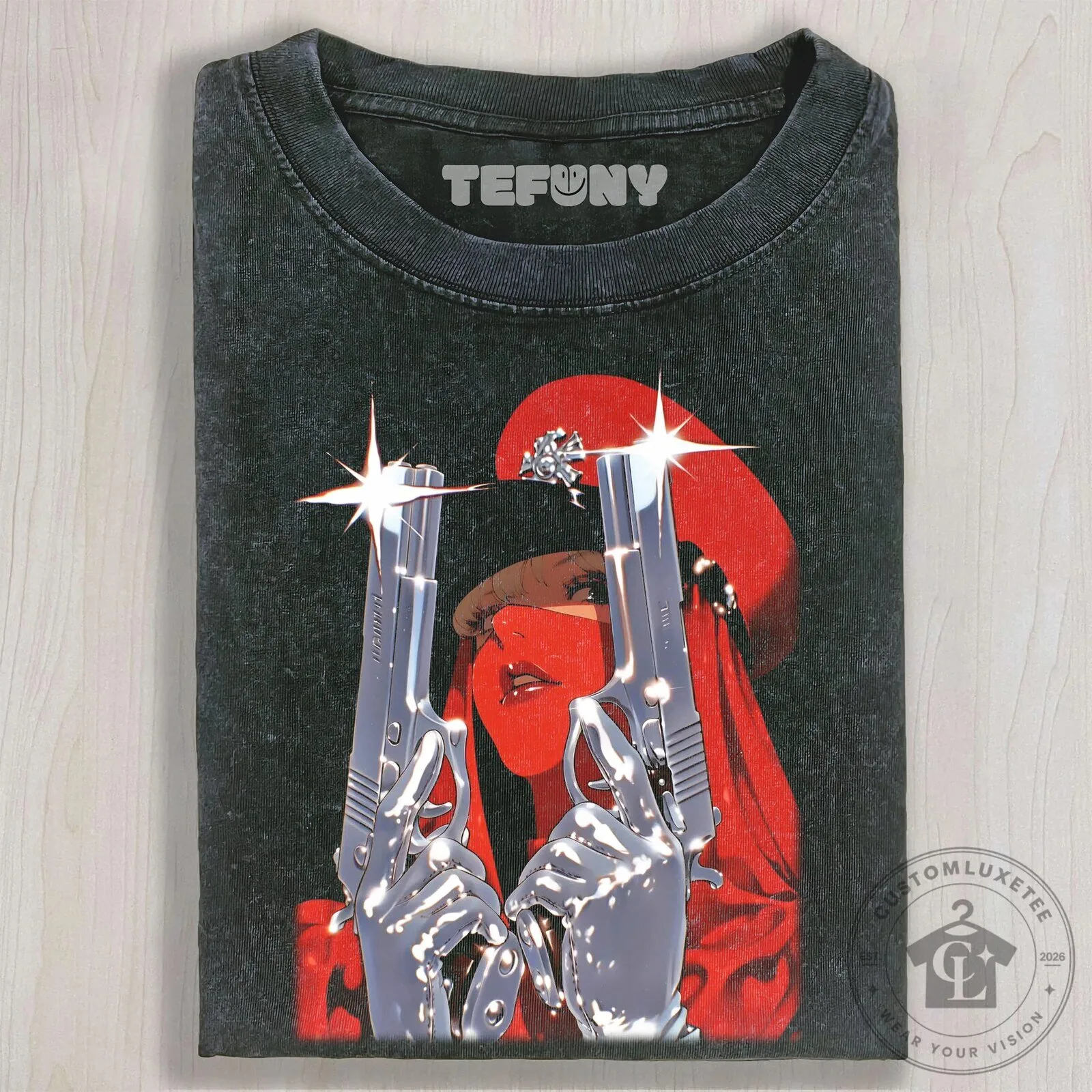 Anime Girl with Dual Chrome Guns Graphic Washed Black T-Shirt