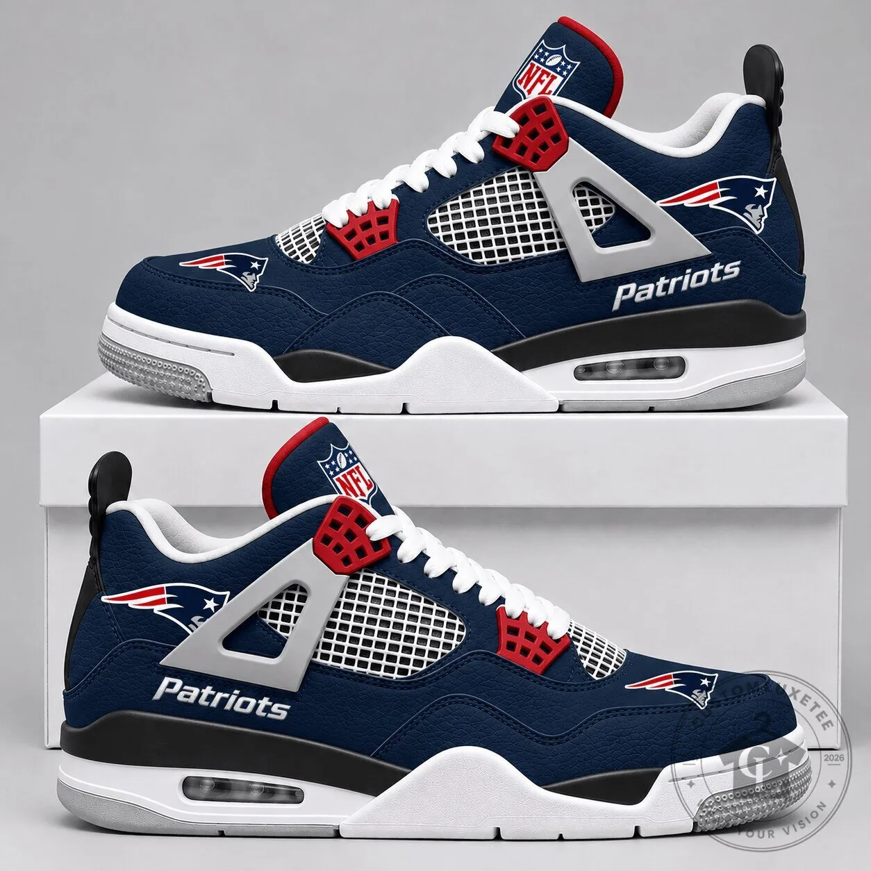Custom Designed Sneakers featuring the New England Patriots NFL Team Logo