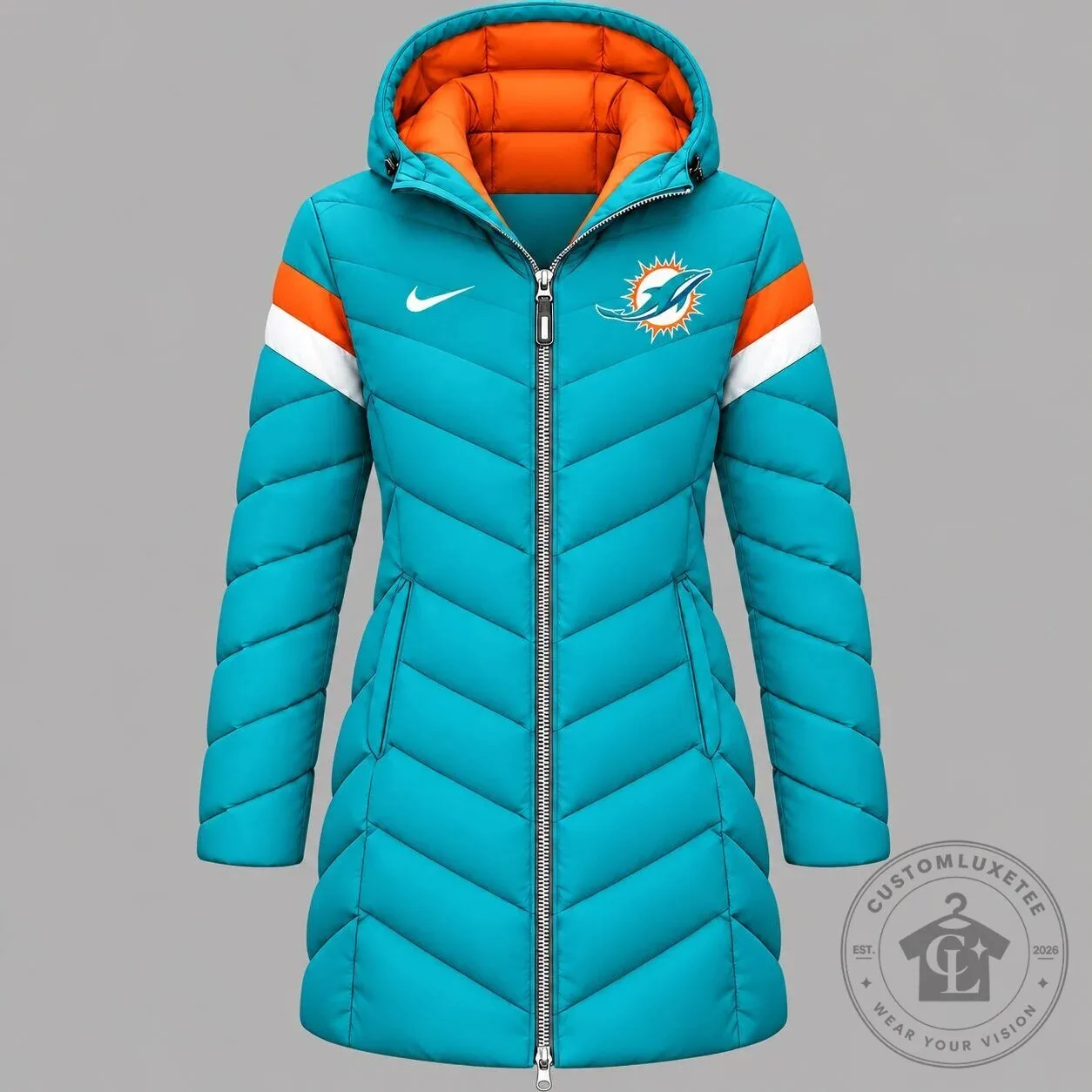Miami Dolphins NFL Game Day Long Hooded Puffer Jacket