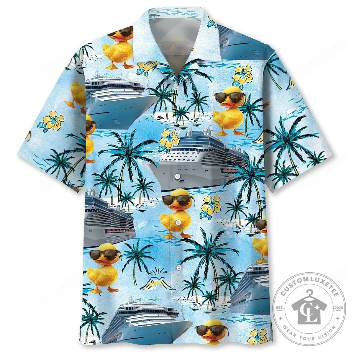 Cute Rubber Duck Cruise Ship Tropical Beach Hawaiian Shirt