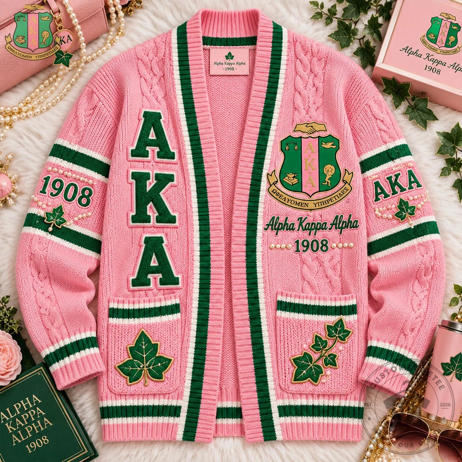 Alpha Kappa Alpha Sorority Pink Cardigan Sweater with Embroidered Ivy Leaves