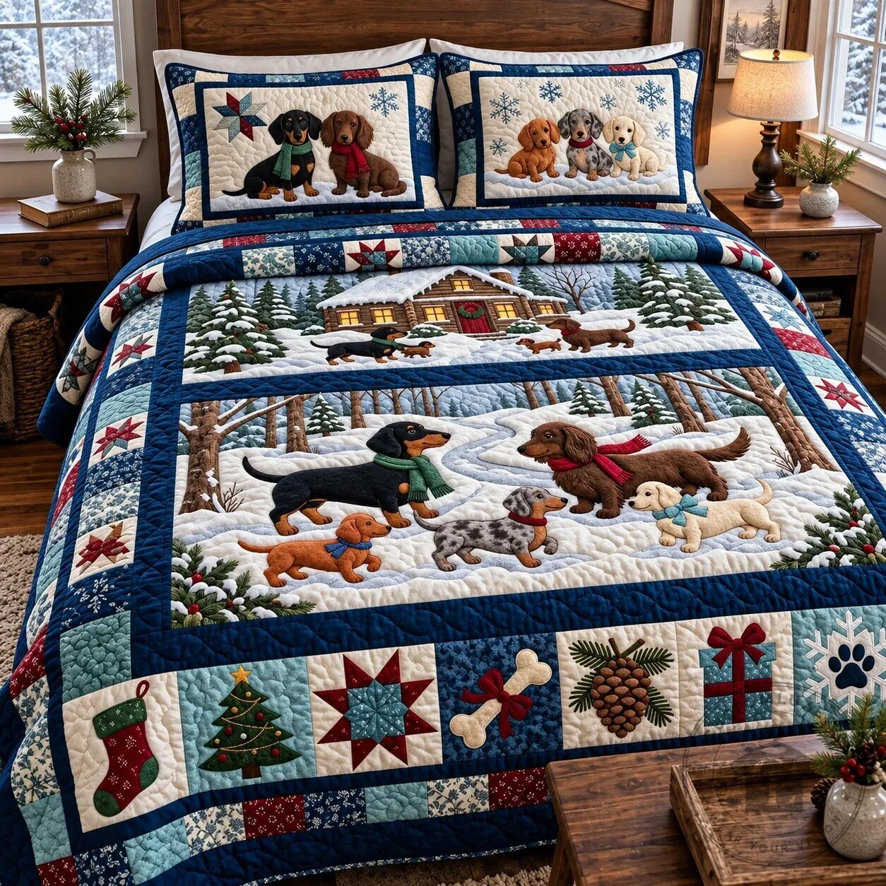 Christmas Dachshund Dog Winter Wonderland Quilted Bedding Set