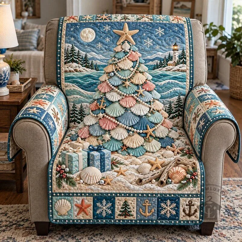 Seashell Christmas Tree Quilted Slipcover for Sofa or Armchair