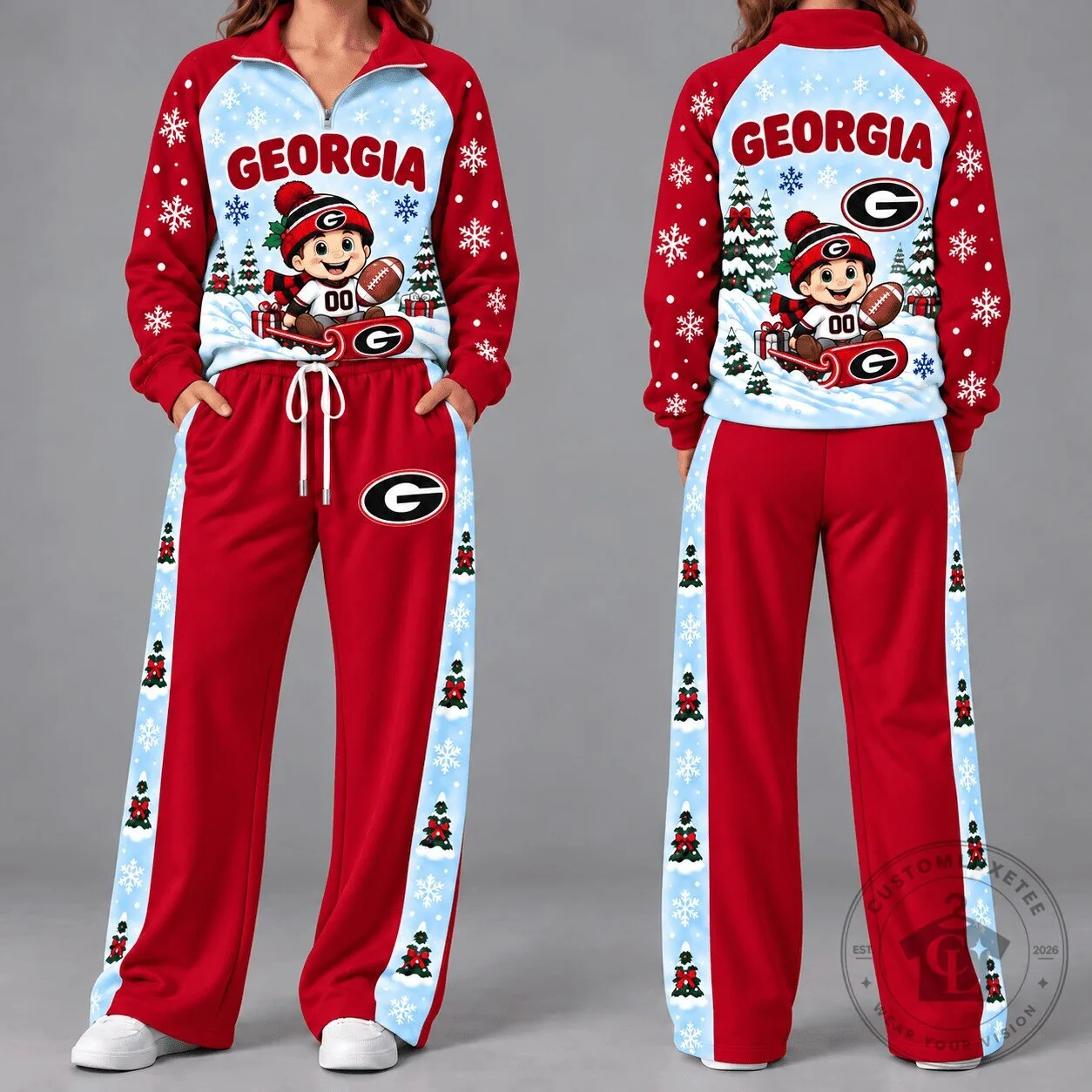 Georgia Bulldogs Christmas Quarter Zip Pullover and Wide Leg Pants Set