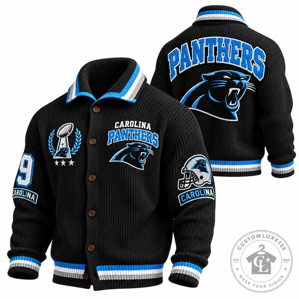 Carolina Panthers NFL Football Team Black Knit Cardigan Jacket