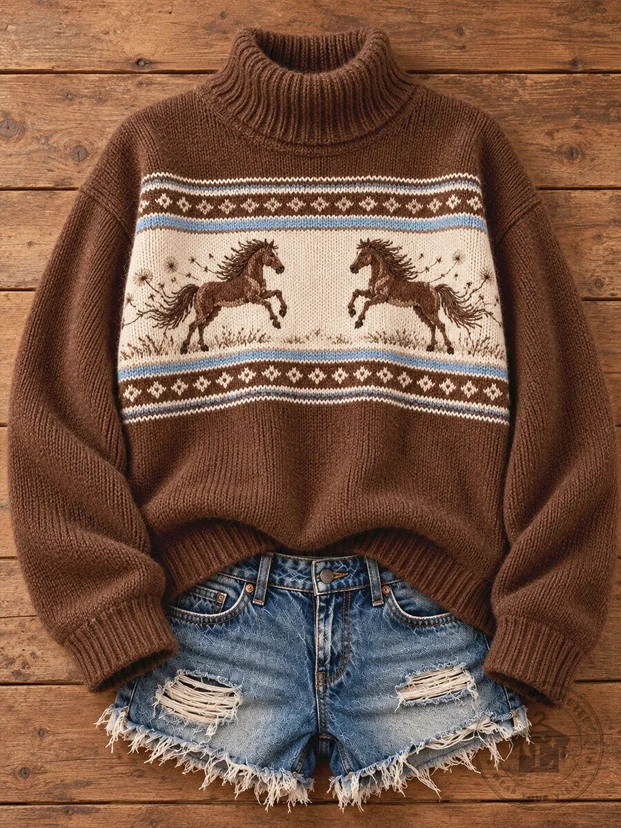 Vintage Western Style Horse Lover Art Printed Turtleneck Sweater for Women