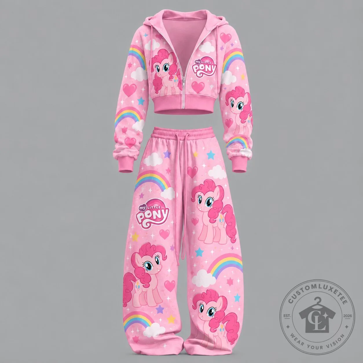 My Little Pony Pinkie Pie Rainbow Hearts Pattern Cropped Hoodie