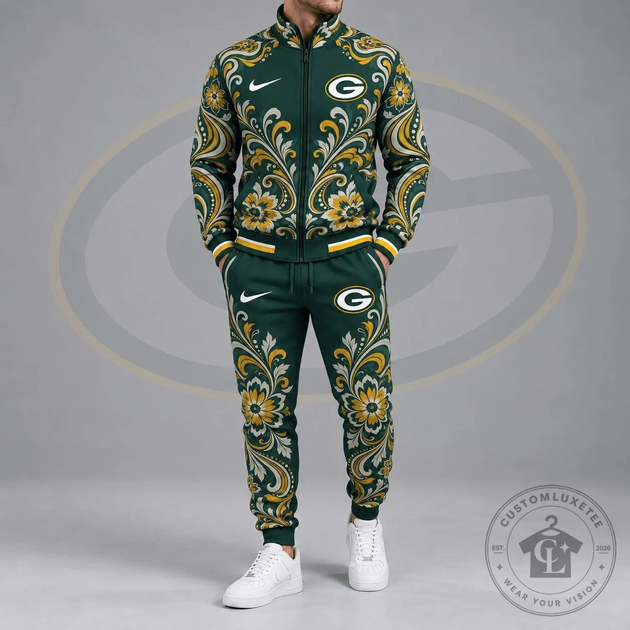 Green Bay Packers Floral Paisley Full Zip Jacket and Jogger Pants Tracksuit Set