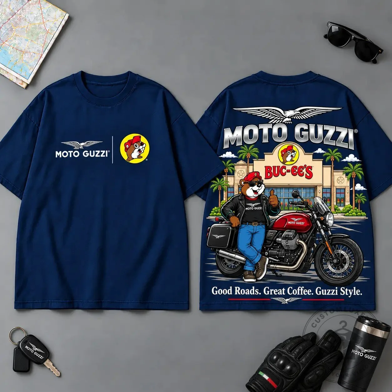 Moto Guzzi Buc-ee's Motorcycle Adventure Rider Navy Blue T-Shirt