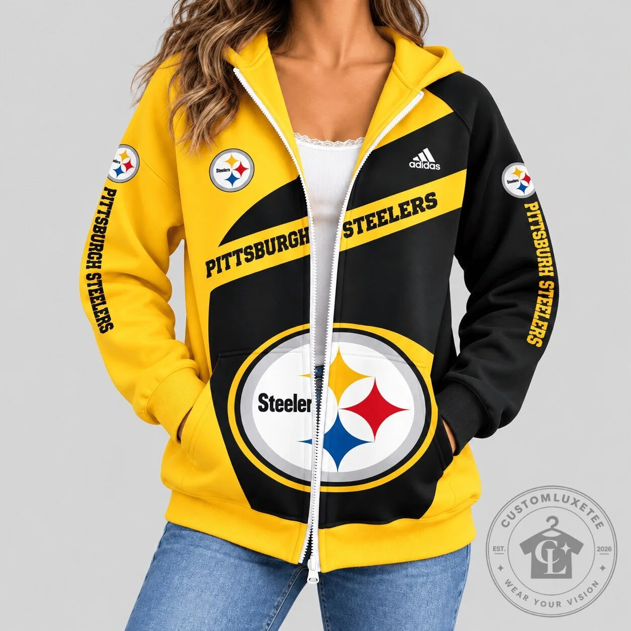 Pittsburgh Steelers Black and Yellow Diagonal Stripe Full-Zip Hoodie for Women