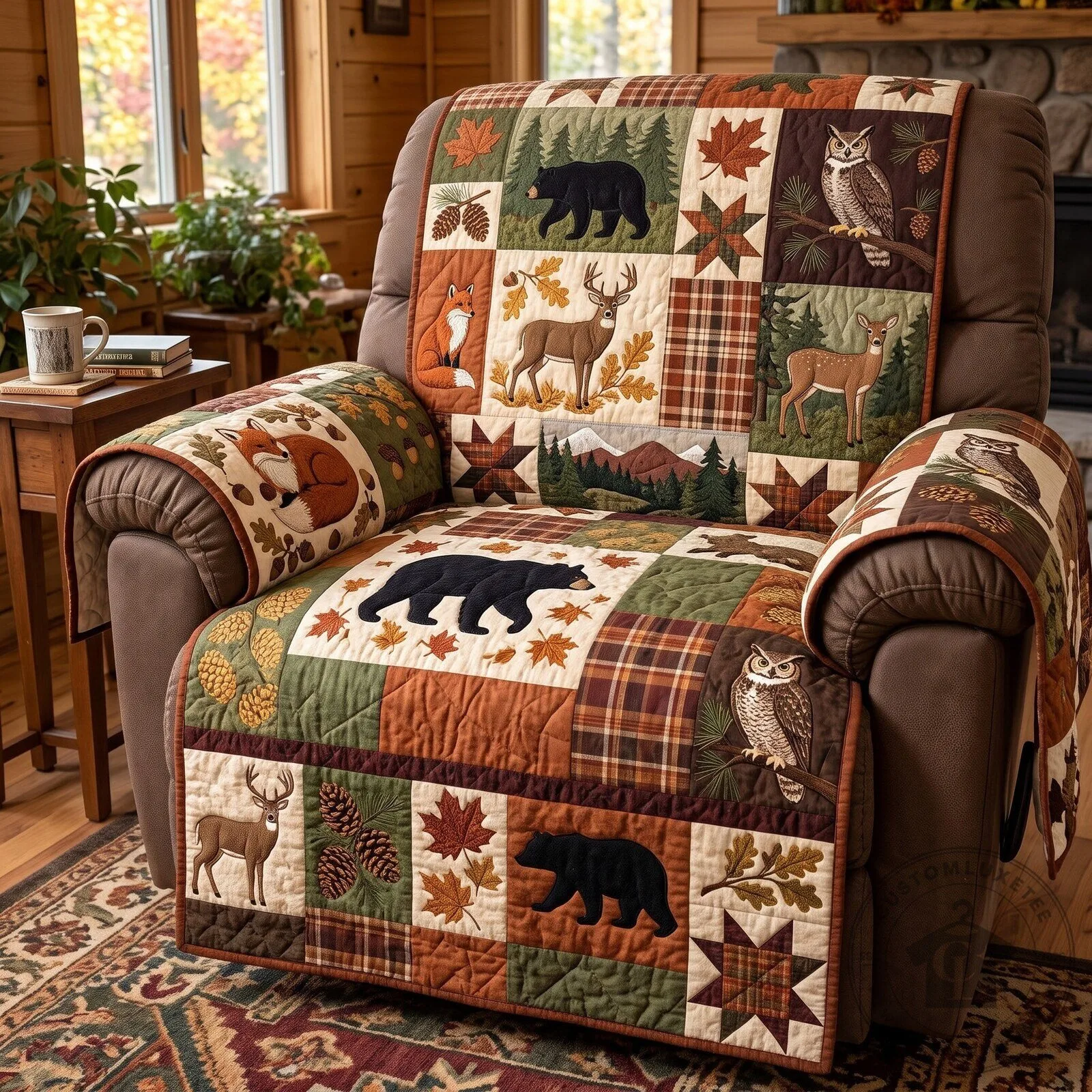 Rustic Wildlife Quilted Recliner Cover with Deer, Bear, Fox, and Owl Motifs