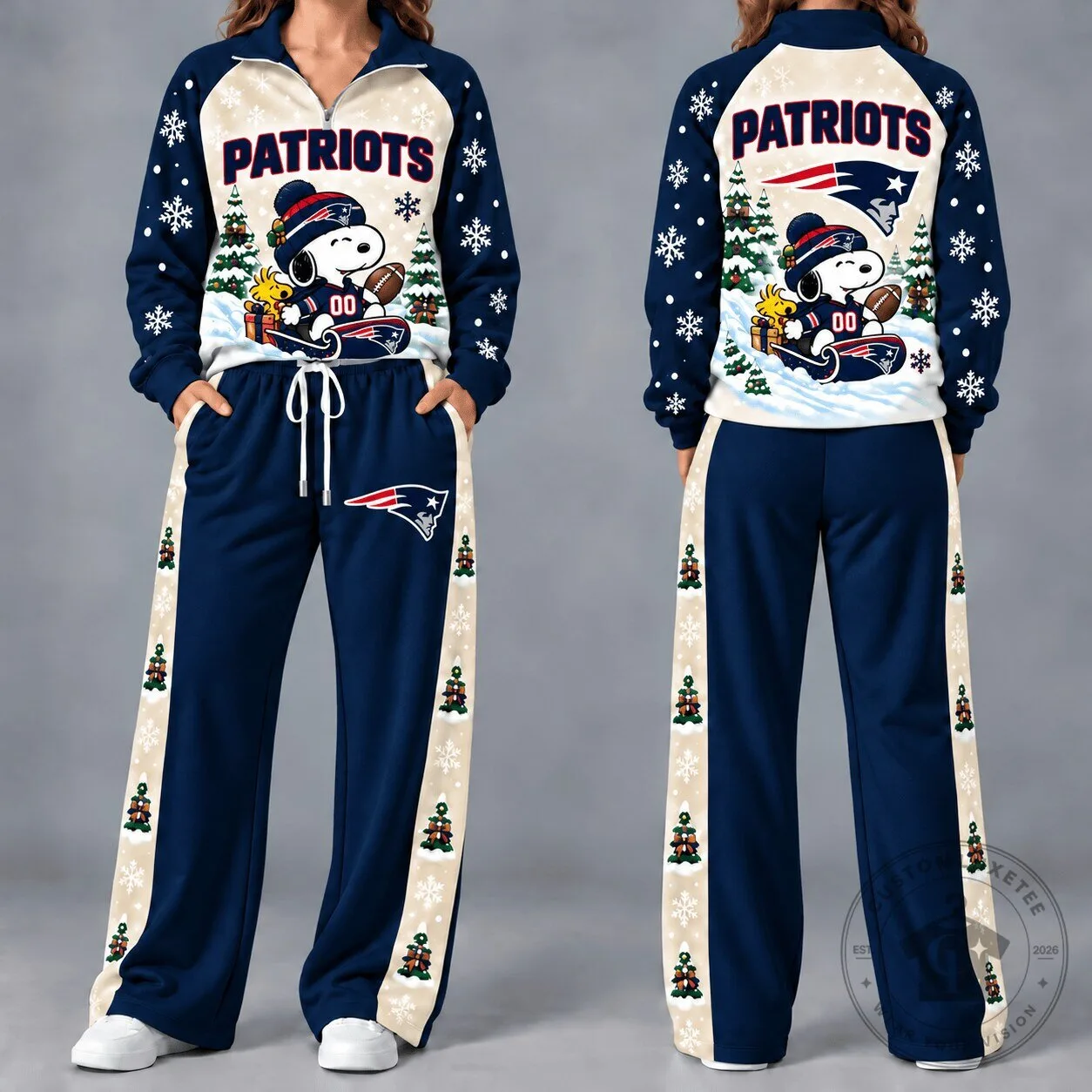 New England Patriots Snoopy Christmas Football Quarter-Zip Sweatshirt and Pants Set