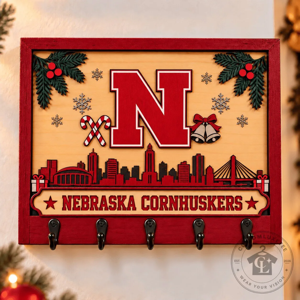 Nebraska Cornhuskers Christmas Wooden Key Holder Rack with Hooks