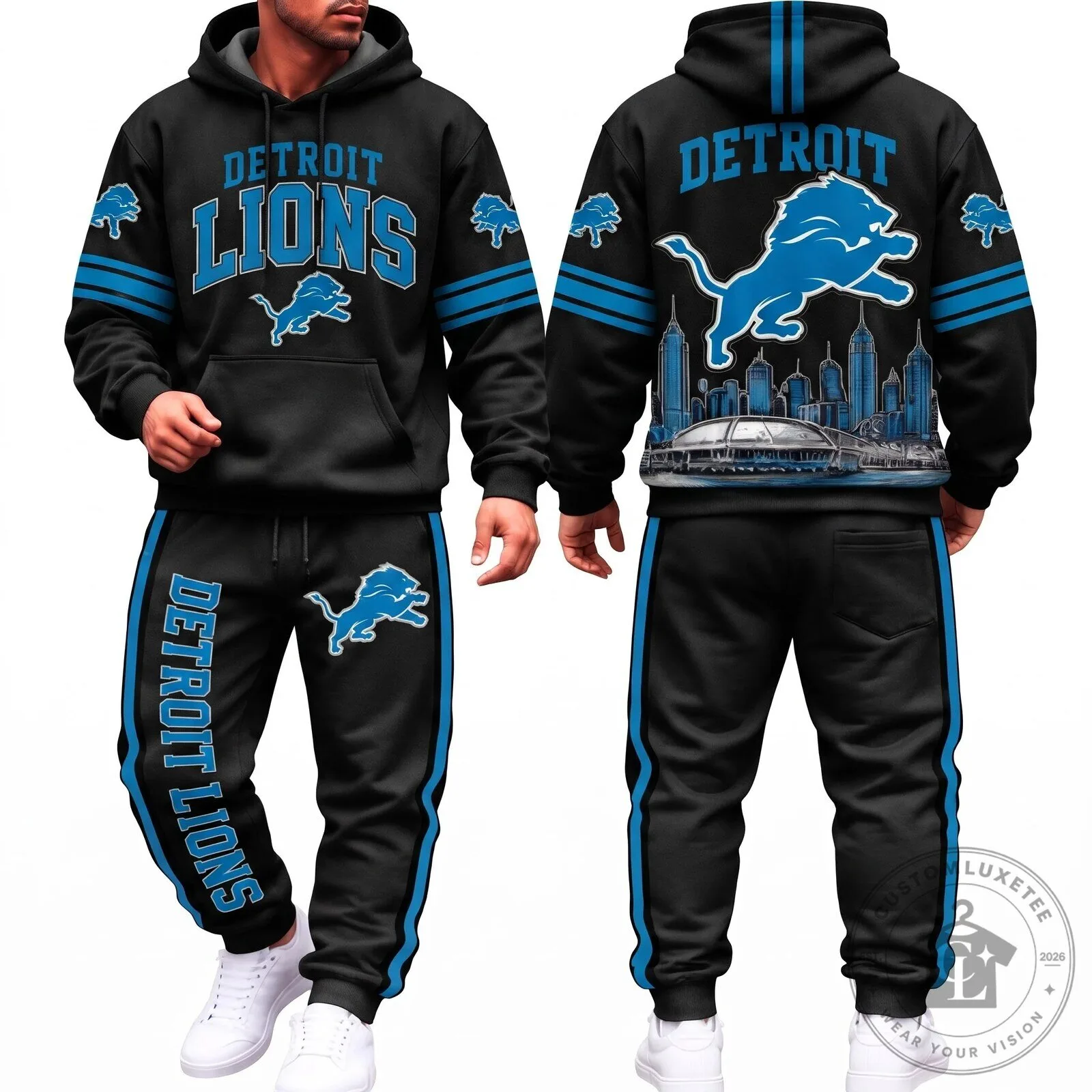Detroit Lions NFL Football Team Black and Blue Hoodie Sweatpants Set