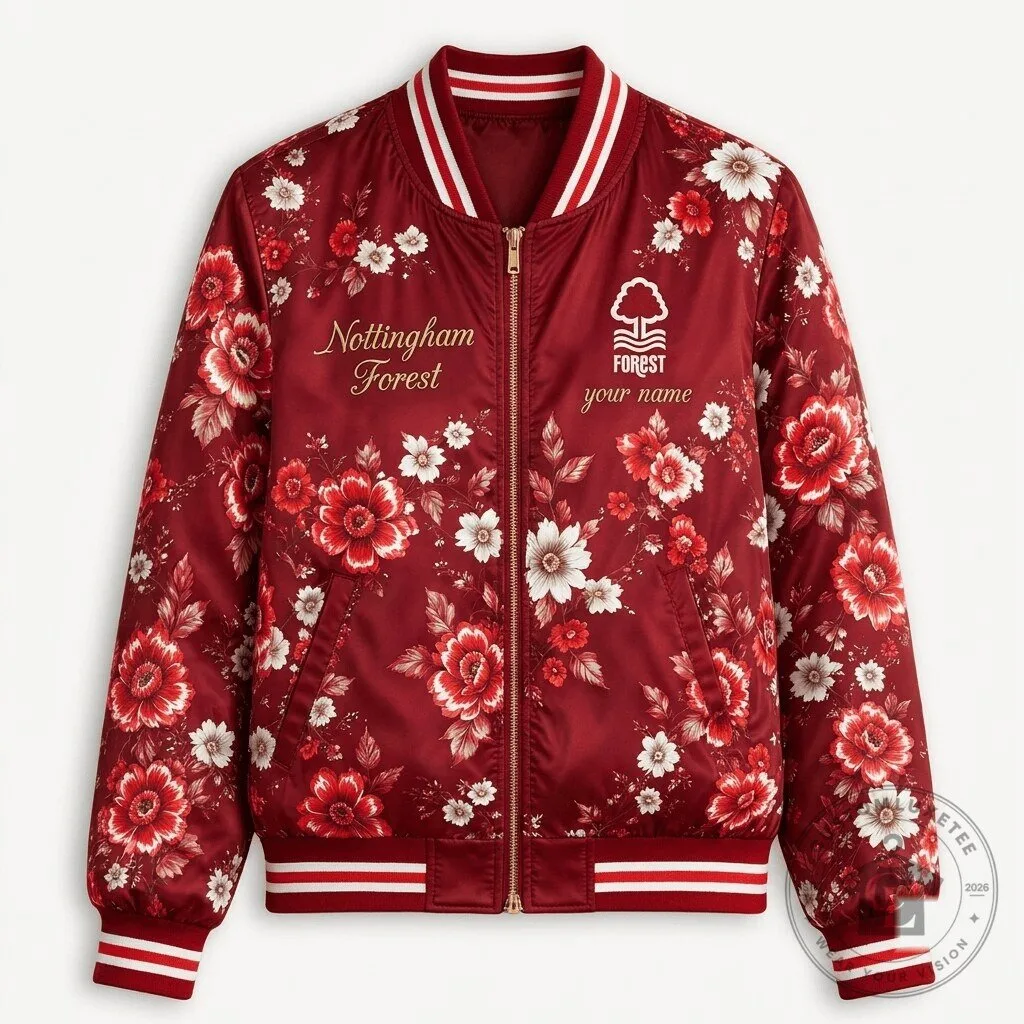 Nottingham Forest Football Club Floral Print Bomber Jacket Personalized Name