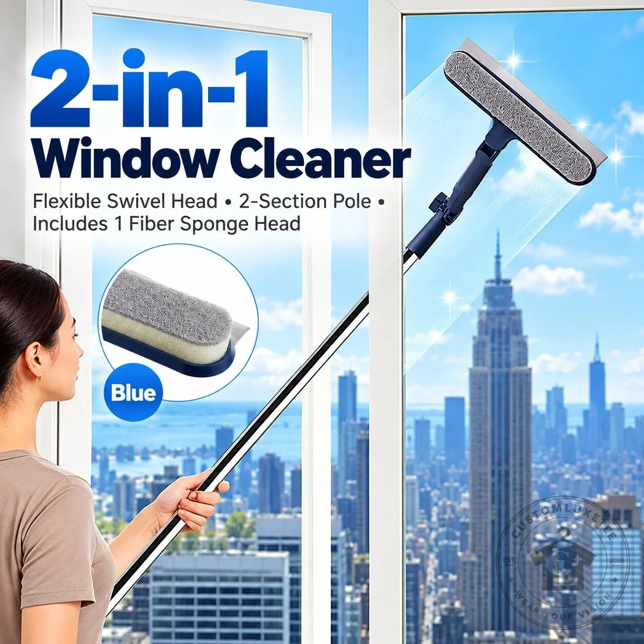 2-in-1 Window Cleaner with Flexible Swivel Head and 2-Section Pole 1 2-in-1 Window Cleaner with Flexible Swivel Head and 2-Section Pole
