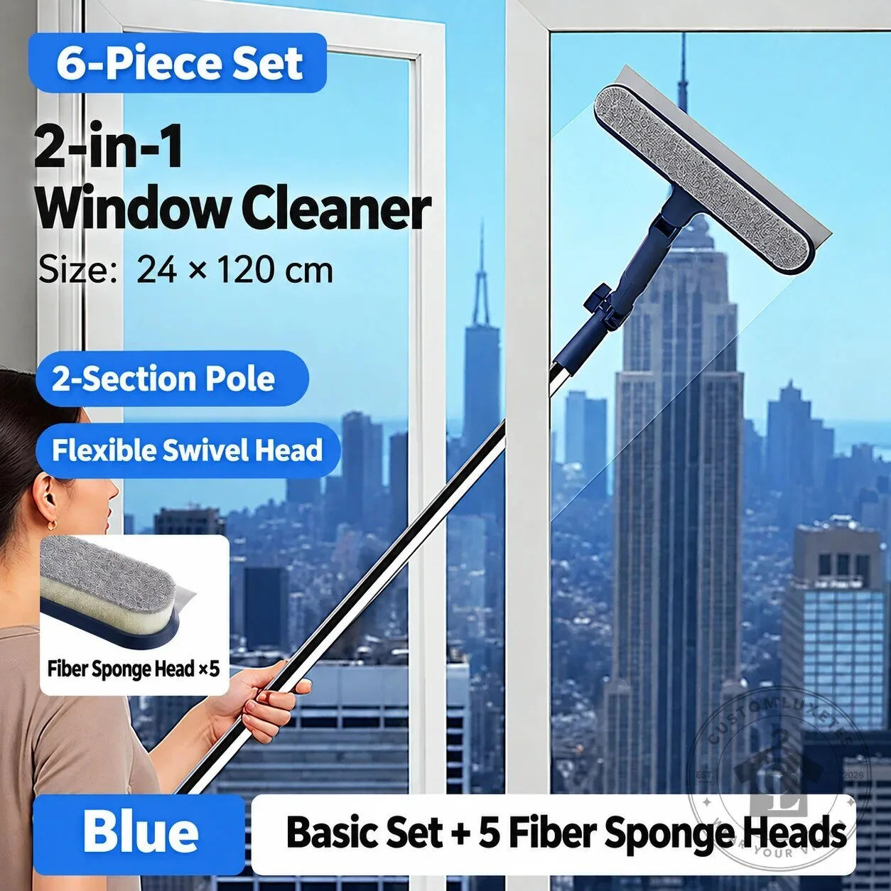 2-in-1 Window Cleaner with Flexible Swivel Head and 2-Section Pole 25 2-in-1 Window Cleaner with Flexible Swivel Head and 2-Section Pole