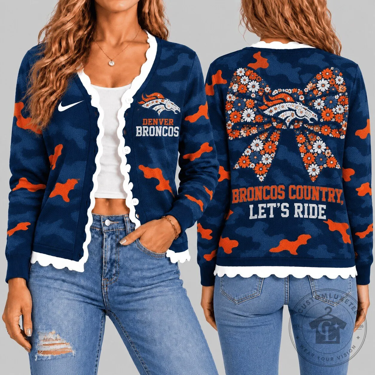 Denver Broncos Camouflage Bow Knit Cardigan for Women 1 Denver Broncos Camouflage Bow Knit Cardigan for Women