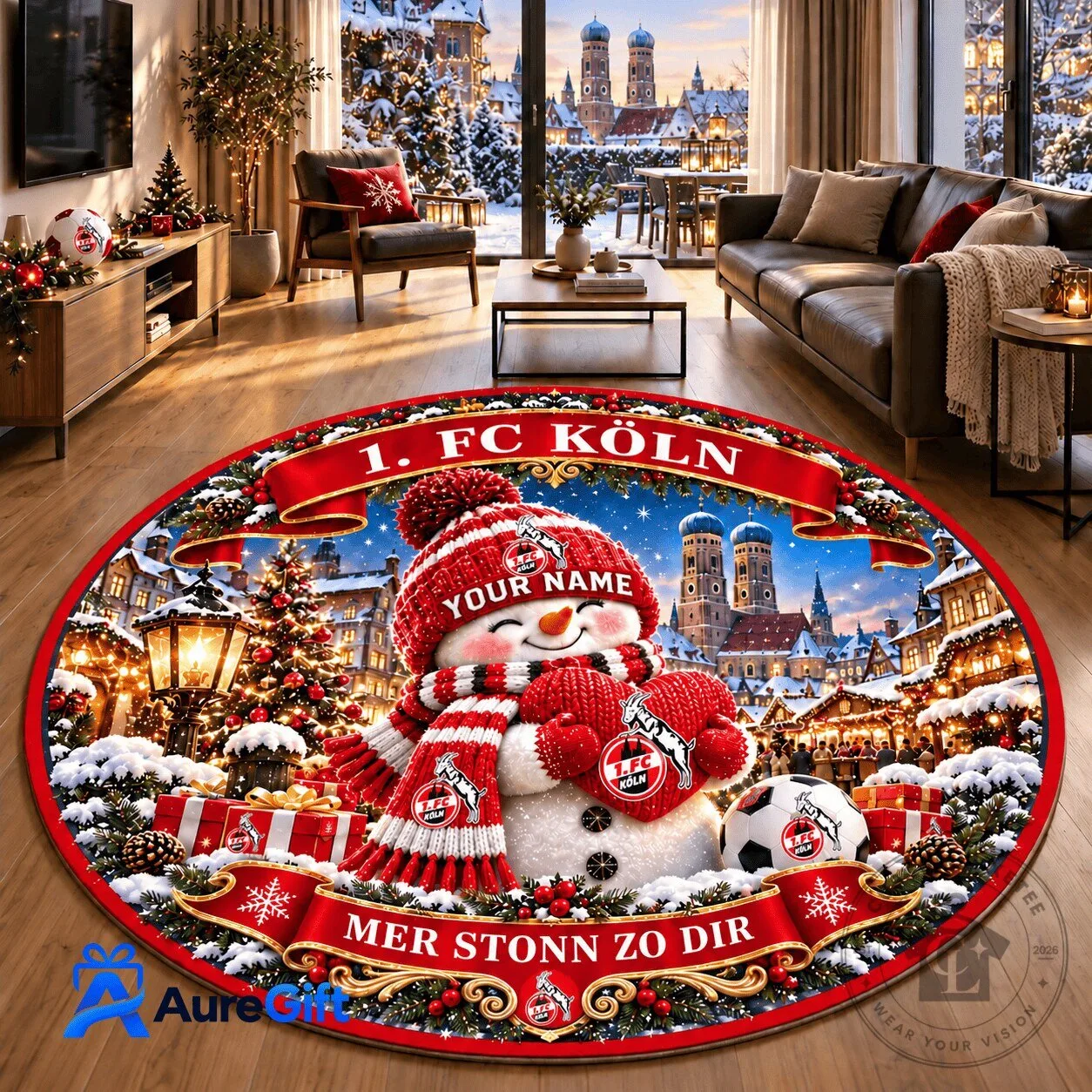 1. FC Köln Bundesliga Christmas Snowman Personalized Name Round Rug