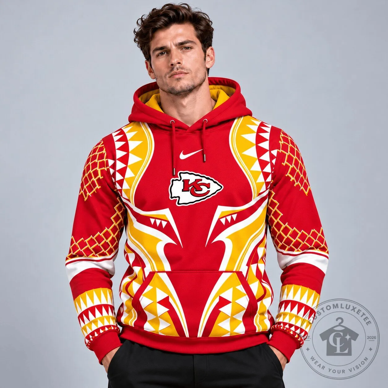Kansas City Chiefs Tribal Geometric Pattern Pullover Hoodie with Team Logo