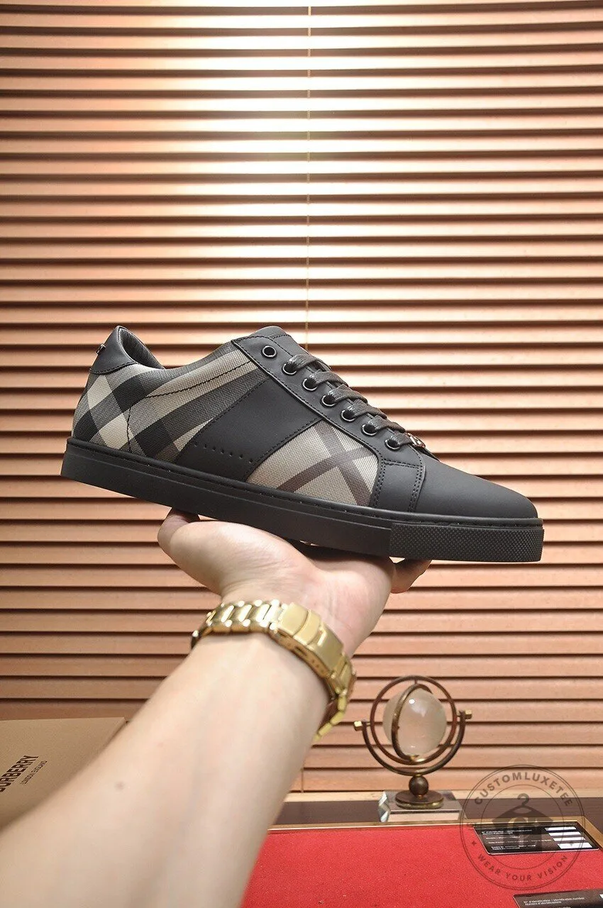 Burberry Check Pattern Black Leather Low Top Sneakers for Men