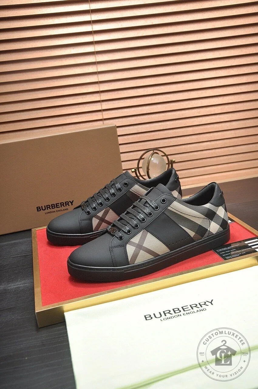 Burberry Check Pattern Black Leather Low Top Sneakers for Men 10 Burberry Check Pattern Black Leather Low Top Sneakers for Men