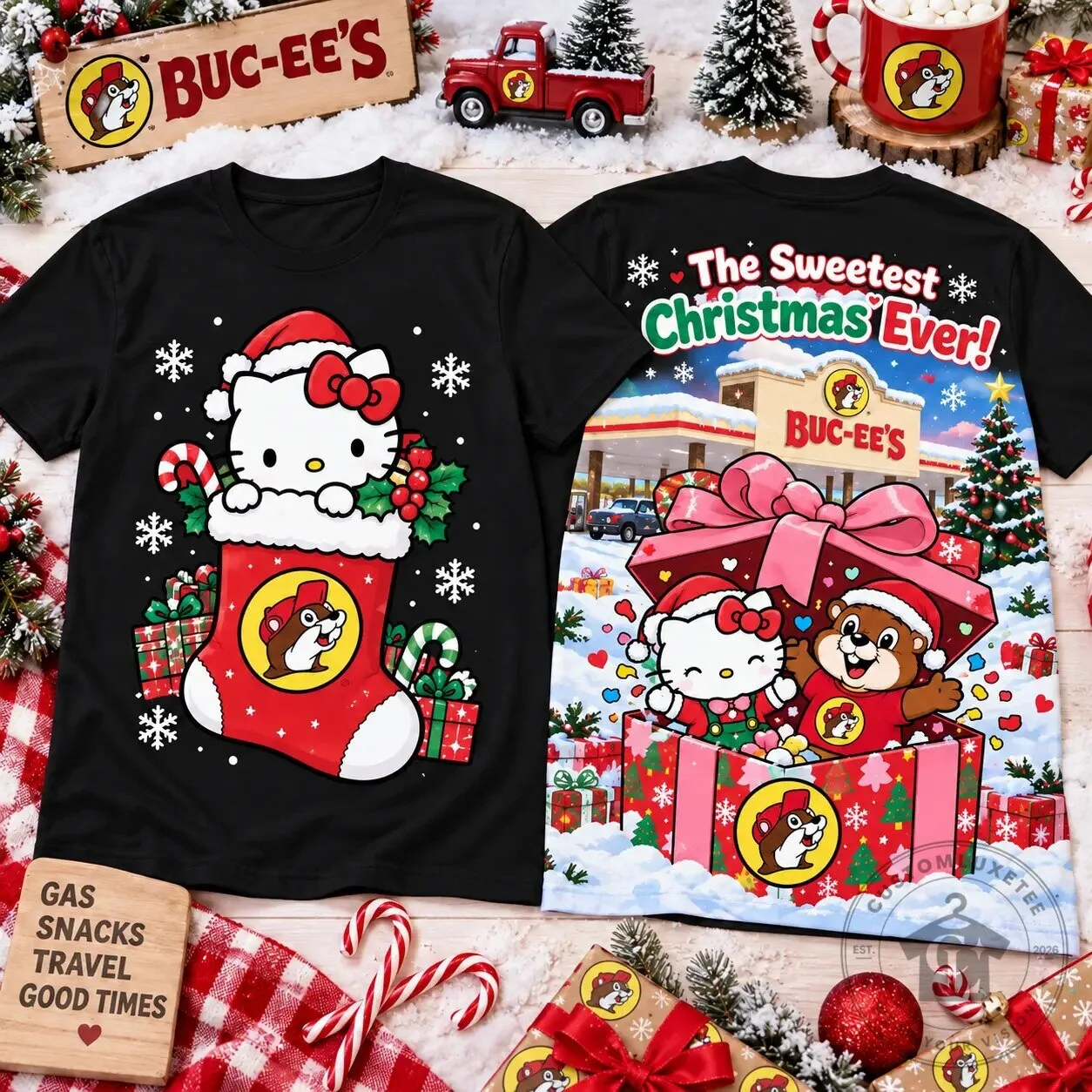 Buc-ee's and Hello Kitty Christmas Stocking Surprise Holiday T-Shirt