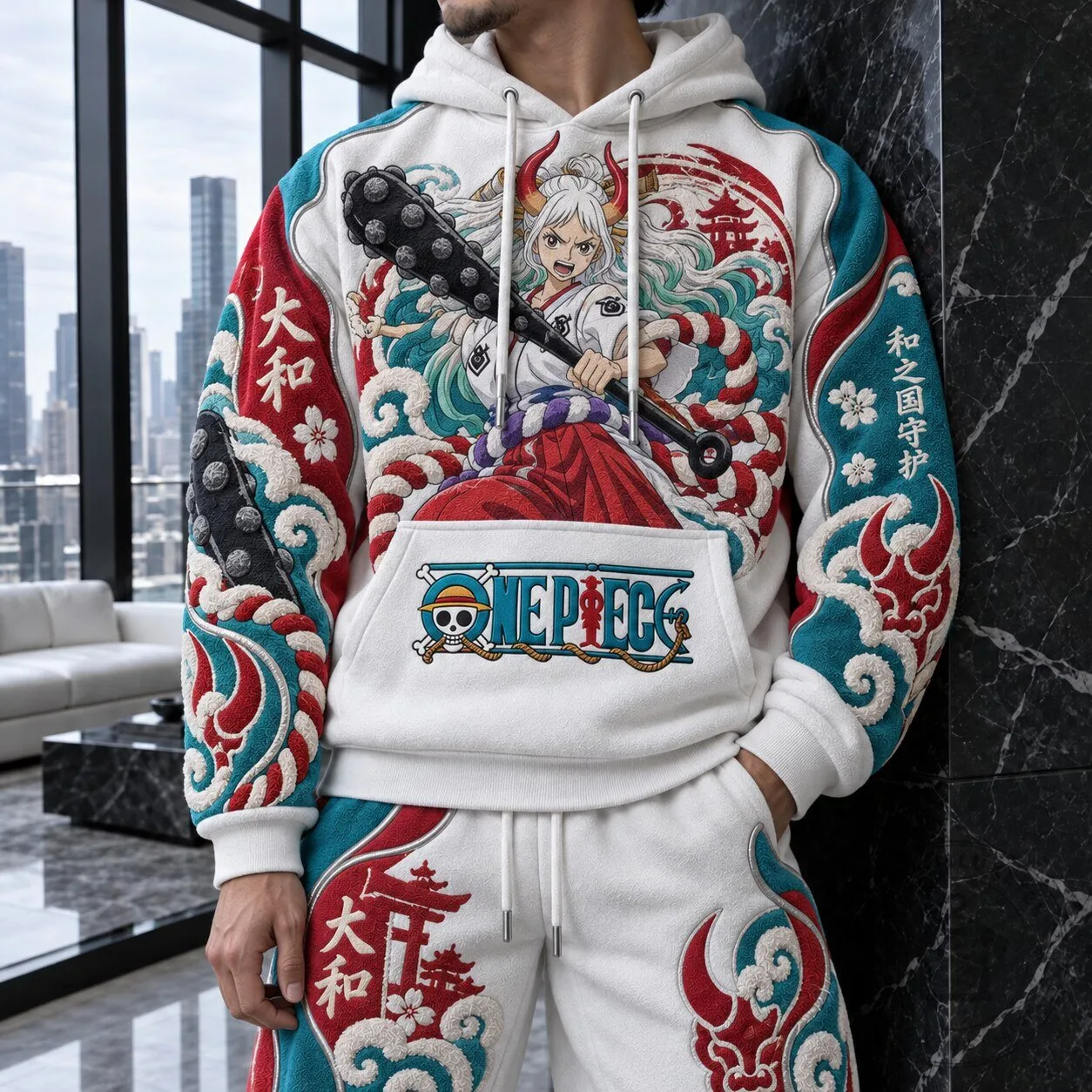 One Piece Yamato Anime Embroidered Hoodie with Japanese Wave Design