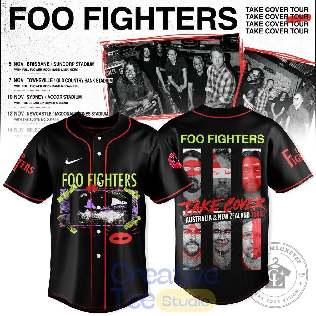 Foo Fighters Take Cover Australia New Zealand Tour Black Baseball Jersey