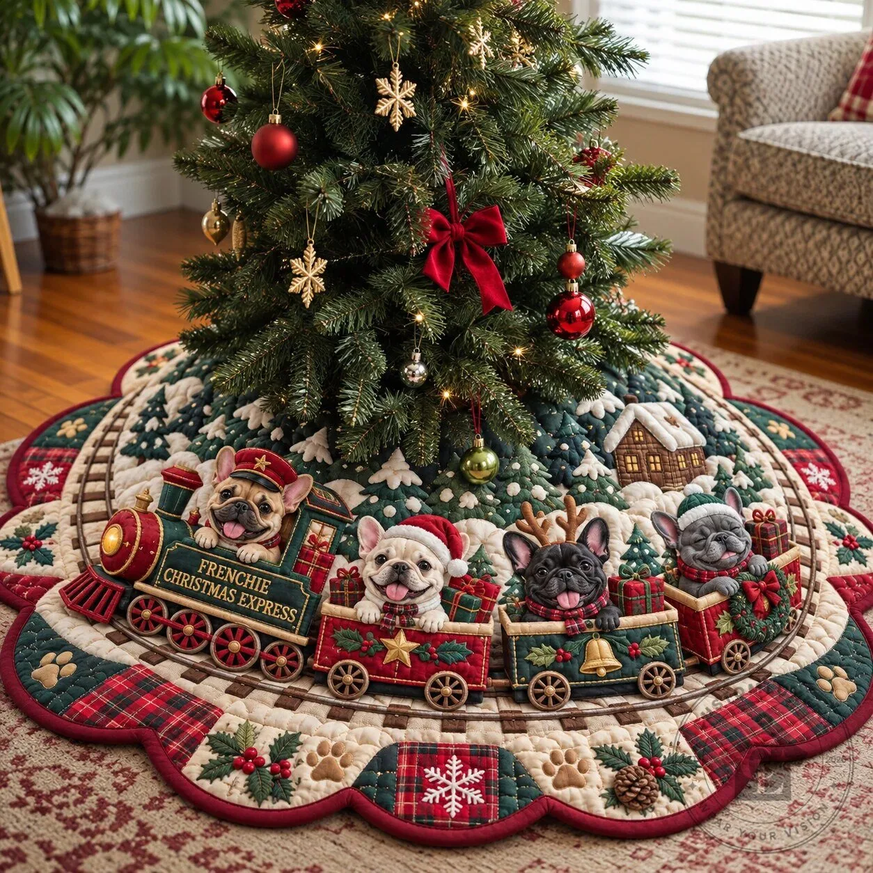 French Bulldog Christmas Express Quilted Tree Skirt