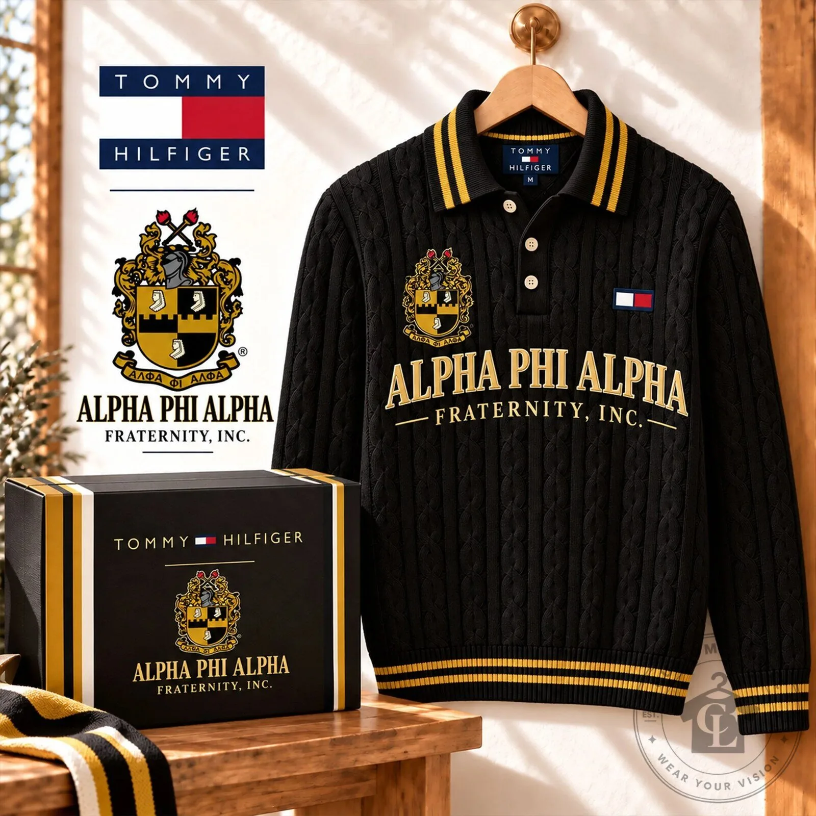Tommy Hilfiger Black Cable Knit Polo for Alpha Phi Alpha Fraternity 7 Tommy Hilfiger Black Cable Knit Polo for Alpha Phi Alpha Fraternity