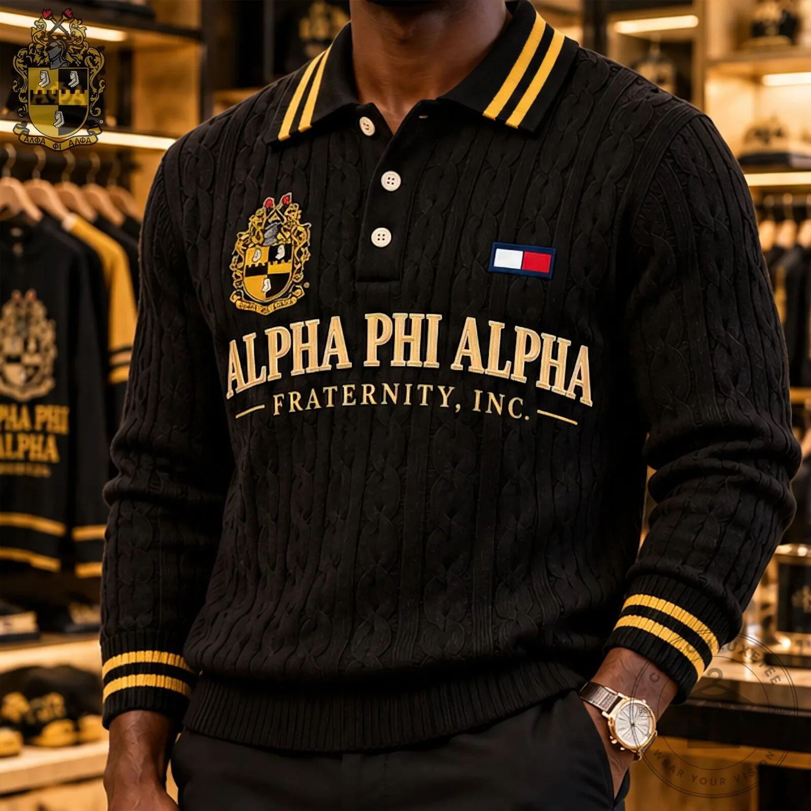 Tommy Hilfiger Black Cable Knit Polo for Alpha Phi Alpha Fraternity 8 Tommy Hilfiger Black Cable Knit Polo for Alpha Phi Alpha Fraternity