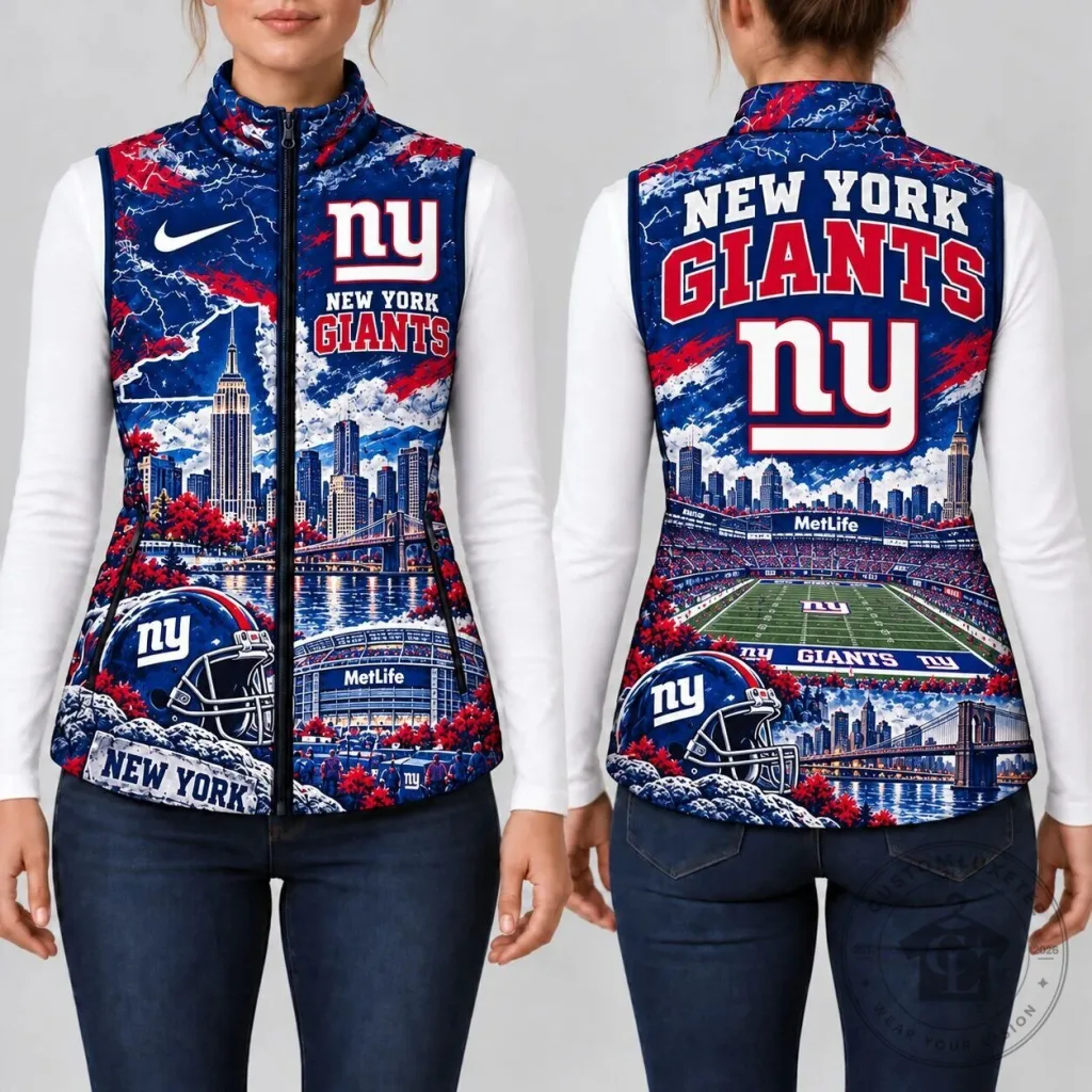 New York Giants NFL Football Team Cityscape and Stadium Puffer Vest New York Giants NFL Football Team Cityscape and Stadium Puffer Vest