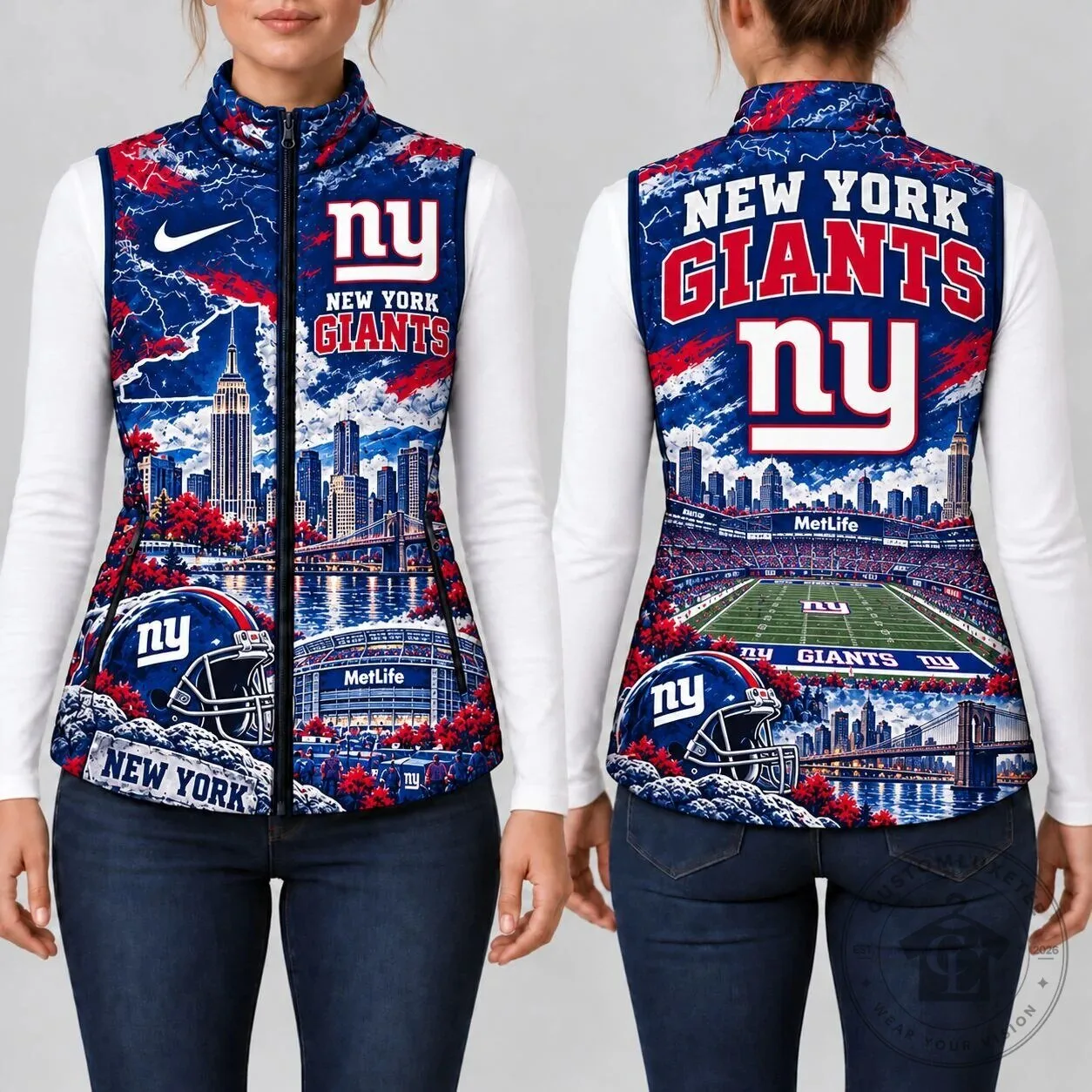 New York Giants NFL Football Team Cityscape and Stadium Puffer Vest