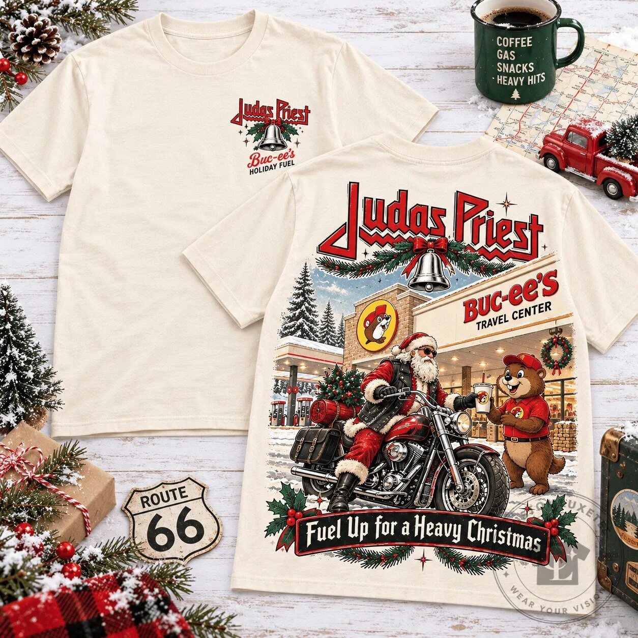 Judas Priest Buc-ee's Holiday Fuel Heavy Christmas Graphic T-Shirt 3 Judas Priest Buc-ee